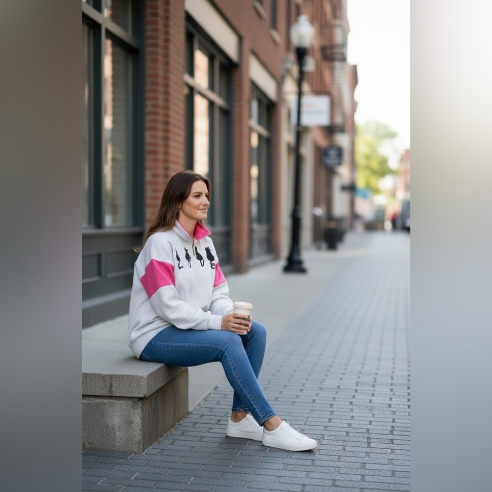 Vintage Magic USA Cat LOVE Quarter Zip Sweatshirt Pink Colorblock Women’s L - Picture 16 of 16